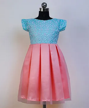 HEYKIDOO Mega Sleeves Floral Embroidered Box Pleated Dress - Peach