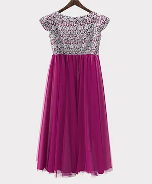 HEYKIDOO Cap Sleeves Floral Embroidered Net Gown - Dark Pink