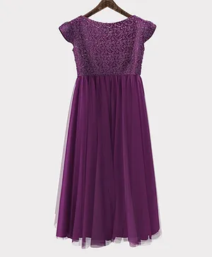 HEYKIDOO Cap Sleeves Floral Embroidered Net Gown - Purple