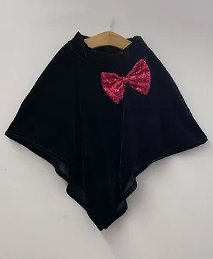 My Pink Closet Full Sleeves Velvet Poncho  With Sequin Bow Applique - Black