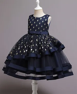 Anna Maria Sleeveless Polka Dot Printed & Bow Detailed Layered Fit & Flare Dress - Navy Blue