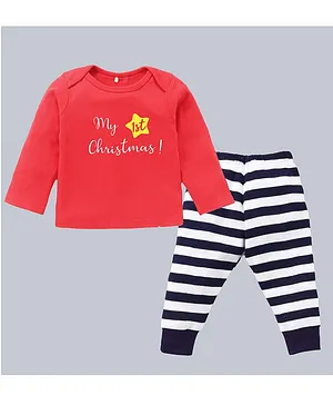 Kadam Baby Christmas Theme Full Sleeves My First Christmas & Star Printed Sweatshirt With Striped Pyjama - Red