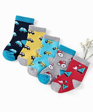 Cutewalk by Babyhug Ankle Length Anti-bacterial Cotton Knit Blend Socks Cars Design Pack of 5 - Multicolour