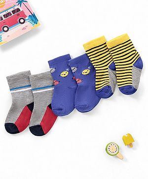 Cutewalk by Babyhug Ankle Length Anti-bacterial Cotton Knit Blend Socks Football and Striped Design Pack of 3 - Multicolour