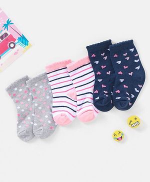 Cutewalk by Babyhug Ankle Length Anti Bacterial Cotton Knit Socks Polka Dot and Striped Design Pack of 3 - Blue & Pink