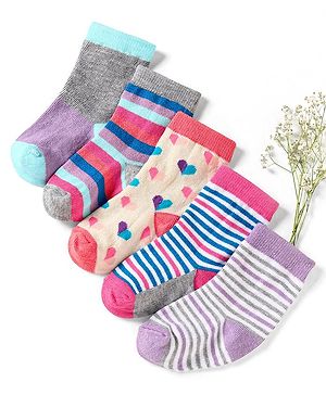 Cute Walk by Babyhug Cotton Anti Bacterial Ankle Length Socks Heart & Stripes Design Pack of 5 - Multicolour