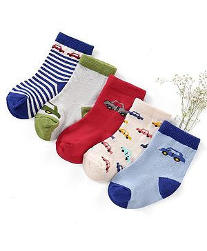 Cute Walk by Babyhug Cotton Anti Bacterial Ankle Length Socks Car Design Pack of 5 - Multicolour