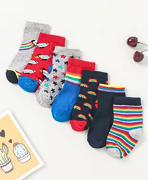Cute Walk by Babyhug Non Terry Cotton Knit Ankle Length Anti-Bacterial Socks Stars and Striped Design Pack of 7 - Multicolour