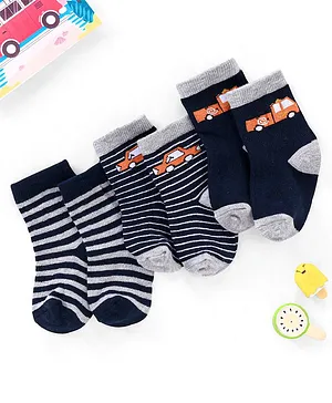 Cute Walk by Babyhug Cotton Anti Bacterial Ankle Length Socks Car & Stripes Design Pack of 3 - Multicolour