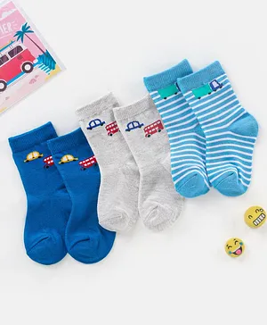 Cutewalk By Babyhug Anti Bacterial Ankle Length Socks Car & Bus Design Pack Of 3- Multicolor