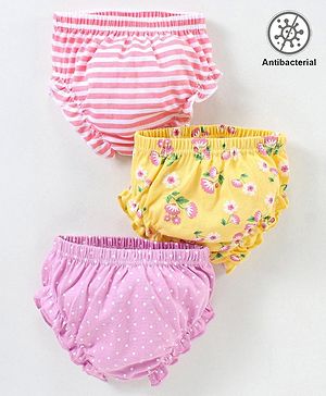Babyhug 100% Cotton Knit Antibacterial Panties Stripes & Floral Print Pack Of 3 - Pink & Yellow