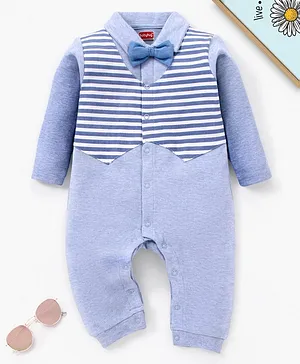 Babyhug Cotton Full Sleeves Striped Party Romper with Bow - Blue