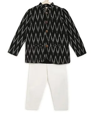 Charkhee Set Of 2 Full Sleeves Ikat Printed Kurta Style Coat & Pajama - Black
