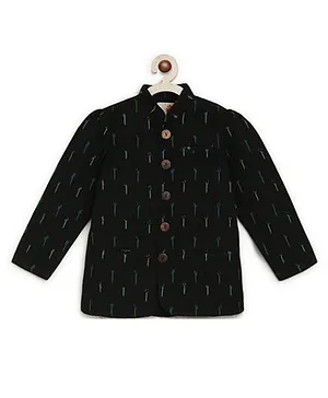 Charkhee Full Sleeves Ikat Design Jacket - Black & Green