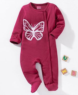 Babyhug Cotton Full Sleeves Sleepsuit Butterfly Print- Maroon