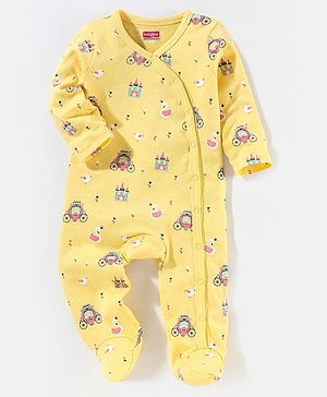 Babyhug Cotton Full Sleeves Sleep Suit Castle Print - Yellow