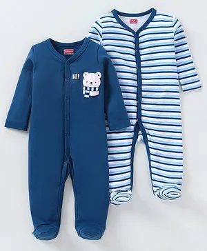 Babyhug Full Sleeves Sleep Suit Striped Pack of 2 - Blue