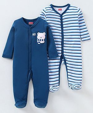 Babyhug Full Sleeves Sleep Suit Striped Pack of 2 - Blue