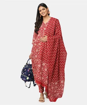 CHARISMOMIC Three Fourth Sleeves Floral Printed Maternity & Nursing Kurta With Pajama & Dupatta - Cherry Red & Light Maroon