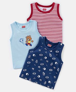Babyhug 100% Cotton Antibacterial Sleeveless Sando Stripes & Bear Print Pack of 3 - Blue & Red