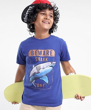Pine Kids Biowashed Shark Print Half Sleeves Tee - Blue