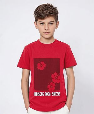 Pine Kids Cotton Half Sleeves T-Shirt Hibiscus Flower Print - Red