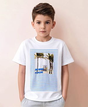 Pine Kids 100% Cotton Half Sleeves Bio Washed T-Shirt Beach Print - White