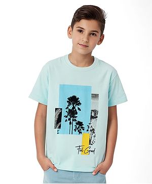 Pine Kids Cotton Full Sleeves Bio Wash T-Shirt Palm Trees Print - Blue