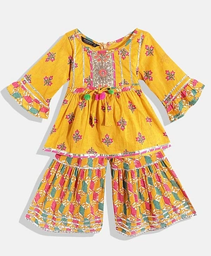 Readiprint Fashions Three Fourth Bell Sleeves Flower Motif Printed Peplum Style Kurta With Coordinating Gota Lace Embellished Sharara - Orange