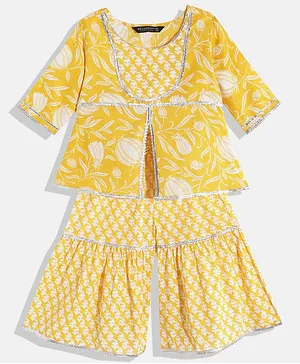 Readiprint Fashions Three Fourth Sleeves Floral Printed Front Slit A Line Kurta With Sharara - Yellow