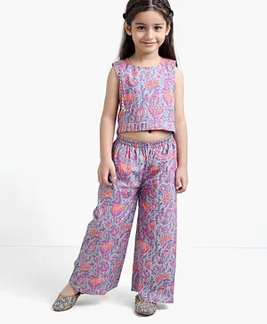 Teentaare Cotton Woven Sleeveless Top and Pant Set Floral Pant - Purple Peach
