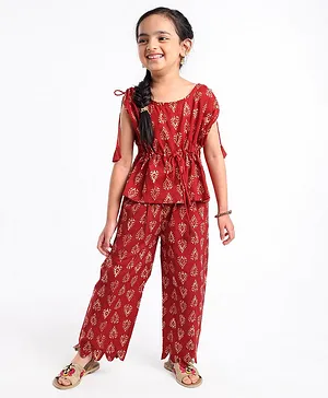 Teentaare Cotton Woven Sleeveless Top and Pant Block Print - Red