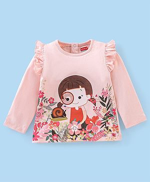 Babyhug 100% Cotton Full Sleeves Floral Graphics Printed Tee With Frill Detailing - Pink