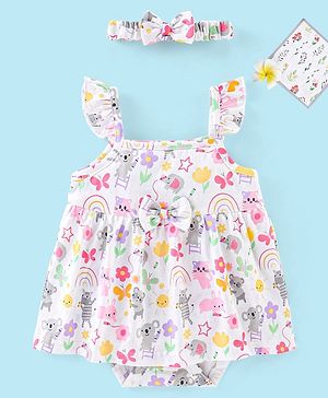 Babyhug 100% Cotton Knit Sleeveless Onesies with Hair Koala Print - White