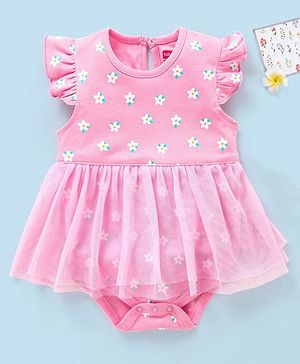 Babyhug 100% Cotton Frill Sleeves Frock Style Onesie Floral Print- Pink