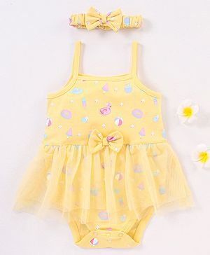 Babyhug 100% Cotton Knit Sleeveless Frock Style Onesie with Headband Beach Print - Yellow