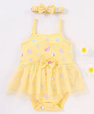 Babyhug 100% Cotton Knit Sleeveless Frock Style Onesie with Headband Beach Print - Yellow