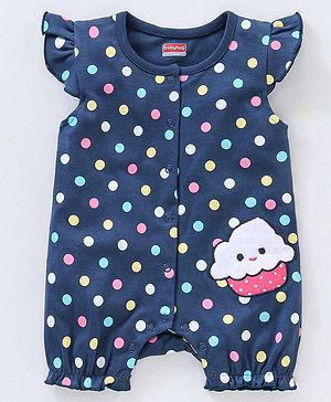 Babyhug Flutter Sleeves 100% Cotton Polka Dots Romper - Navy Blue