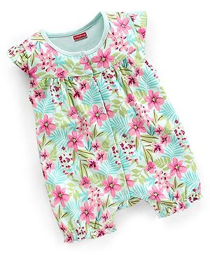 Babyhug 100% Cotton Knit Cap Sleeves Romper Floral Print - Light Blue & Pink