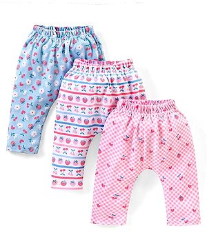 Babyhug Cotton Full Length Diaper Pants Floral & Fruit Print Pack Of 3 - Blue & Pink