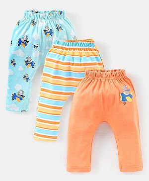 Babyhug Cotton Full Length Diaper Pants Stripes & Bear Print Pack of 3- Orange & Blue