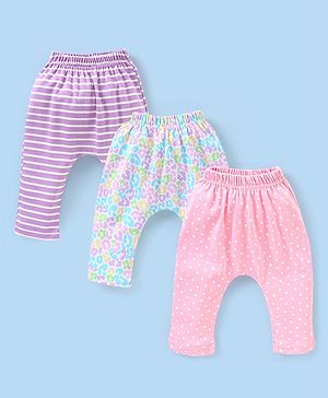 Babyhug Cotton Knit Full Length Striped Diaper Leggings Floral & Heart Print Pack of 3 - Pink Blue & Purple