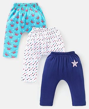 Babyhug Cotton Full Length Diaper Pants Crab & Stars Print Pack of 3 - White & Blue