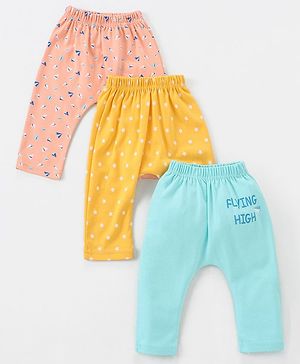 Babyhug Cotton Knit Full Length Diaper Leggings Pack of 3 Paper Planes & Stars Print - Pink Yellow & Sky Blue