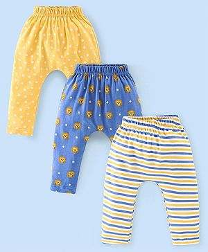 Babyhug Cotton Full Length Diaper Pants Stripes & Lion Print Pack of 3 - Blue & Yellow