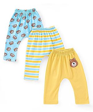 Babyhug Cotton Full Length Bear Print Diaper Leggings Pack of 3 - Blue & Yellow