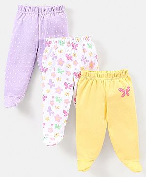Babyhug Cotton Full Length Bootie Pants Butterfly Print Pack Of 3- Purple & Yellow