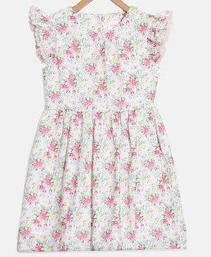 Aomi Girls Cap Frill Sleeves Botanical Floral Printed Fit & Flare Dress - Off White