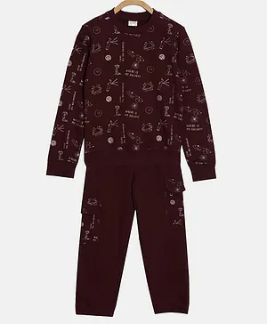 Aomi Space Theme Galaxy & Planet Printed Tee With Coordinating Joggers - Maroon