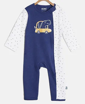 Aomi Cotton Full Sleeves Dinosaur in Car Printed Romper - Blue